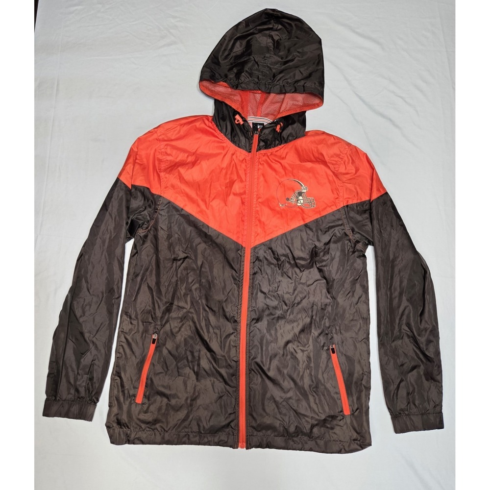 NFL Team Apparel Cleveland Browns Windbreaker Med Hooded Orange Brown Zip Pocket